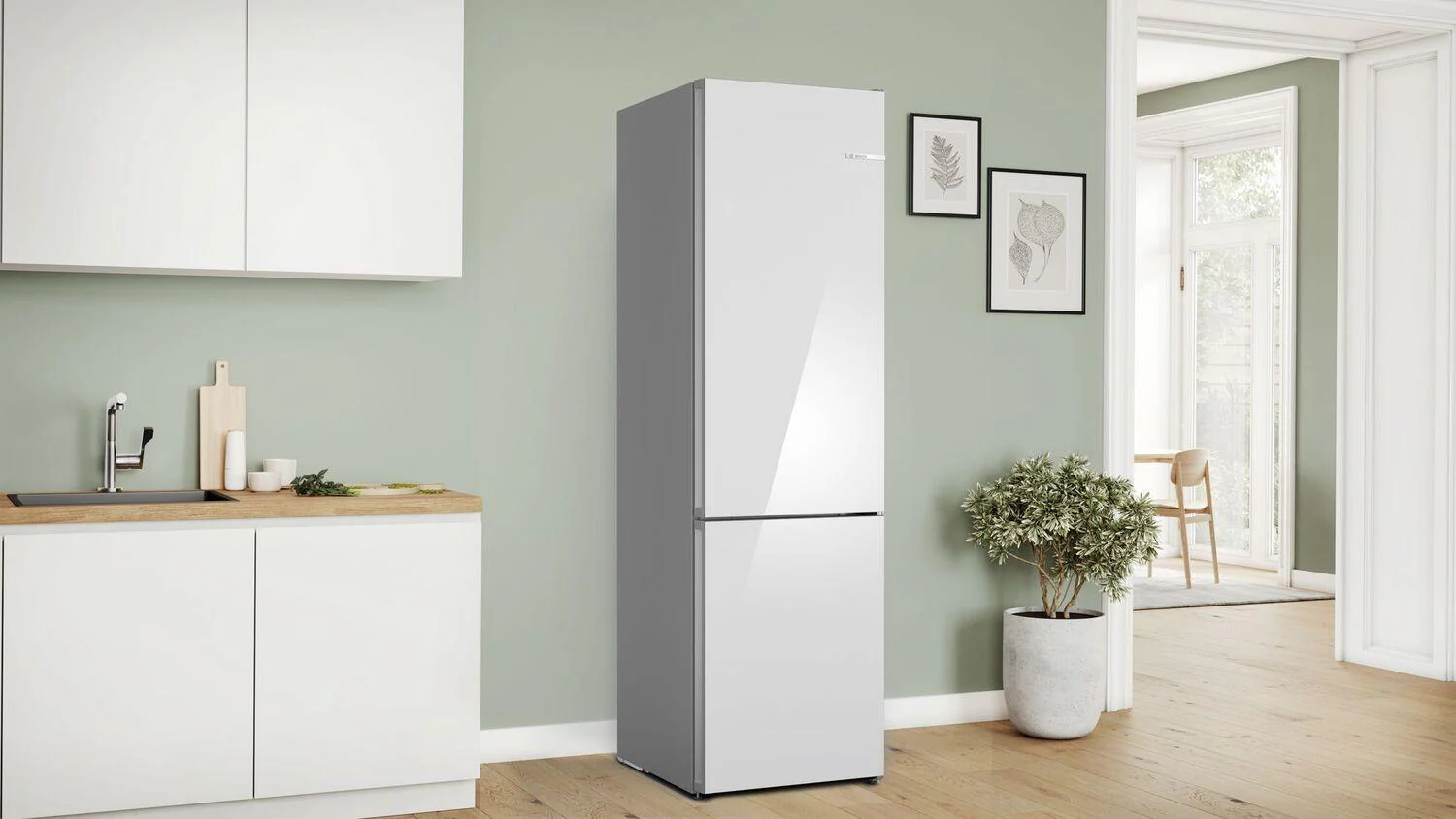 Bosch B24CB80ESW 800 Series, free-standing fridge-freezer with freezer at bottom, glass door, 24'', White, Total No Frost - Image 2