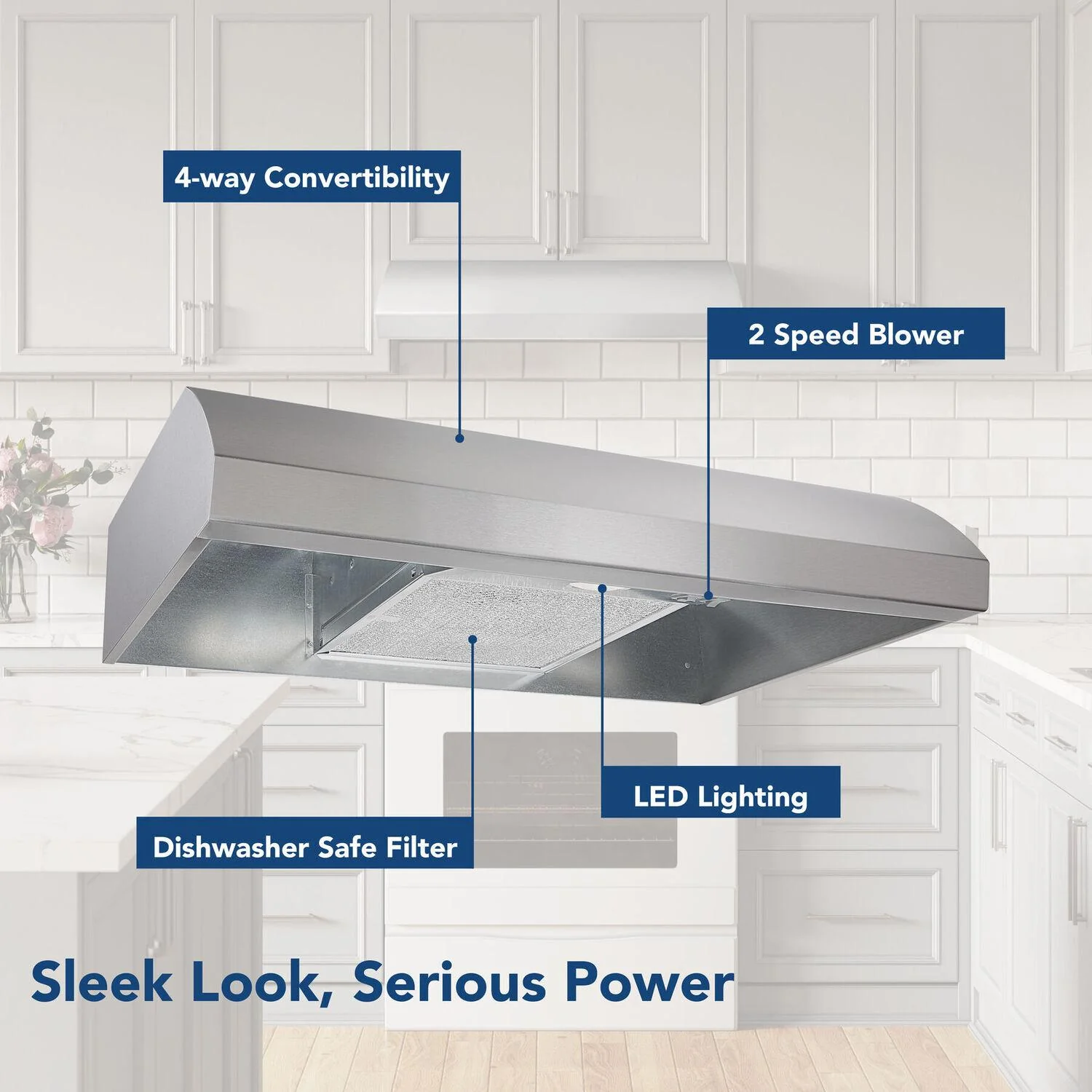 BXT130SS Broan® 30-Inch 4-Way Convertible Under-Cabinet Range Hood, 270 Max CFM, Stainless Steel - Image 2