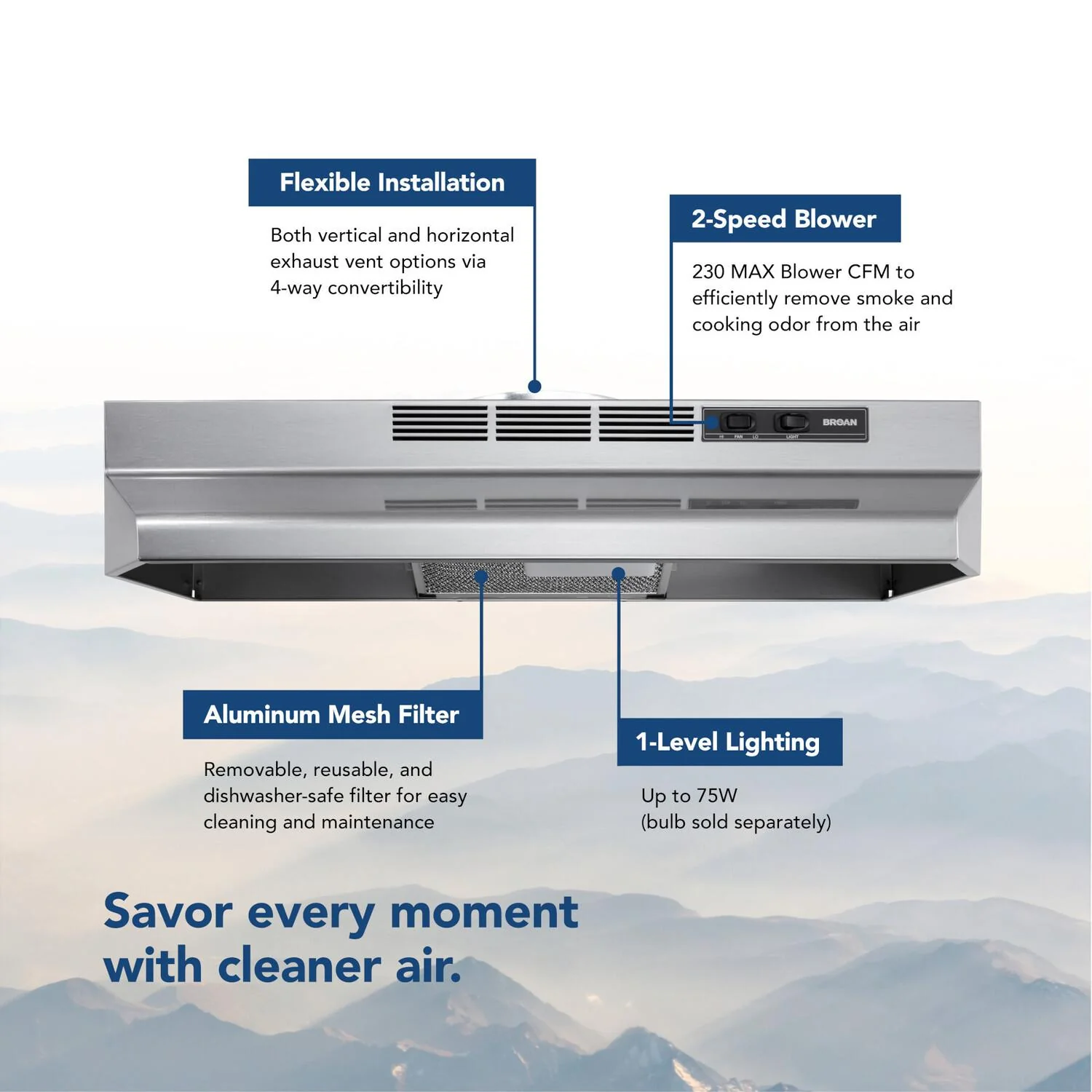F4030SF Broan® 30-Inch Convertible Under-Cabinet Range Hood, Stainless Finish with PrintGuard, 230 MAX Blower CFM - Image 4