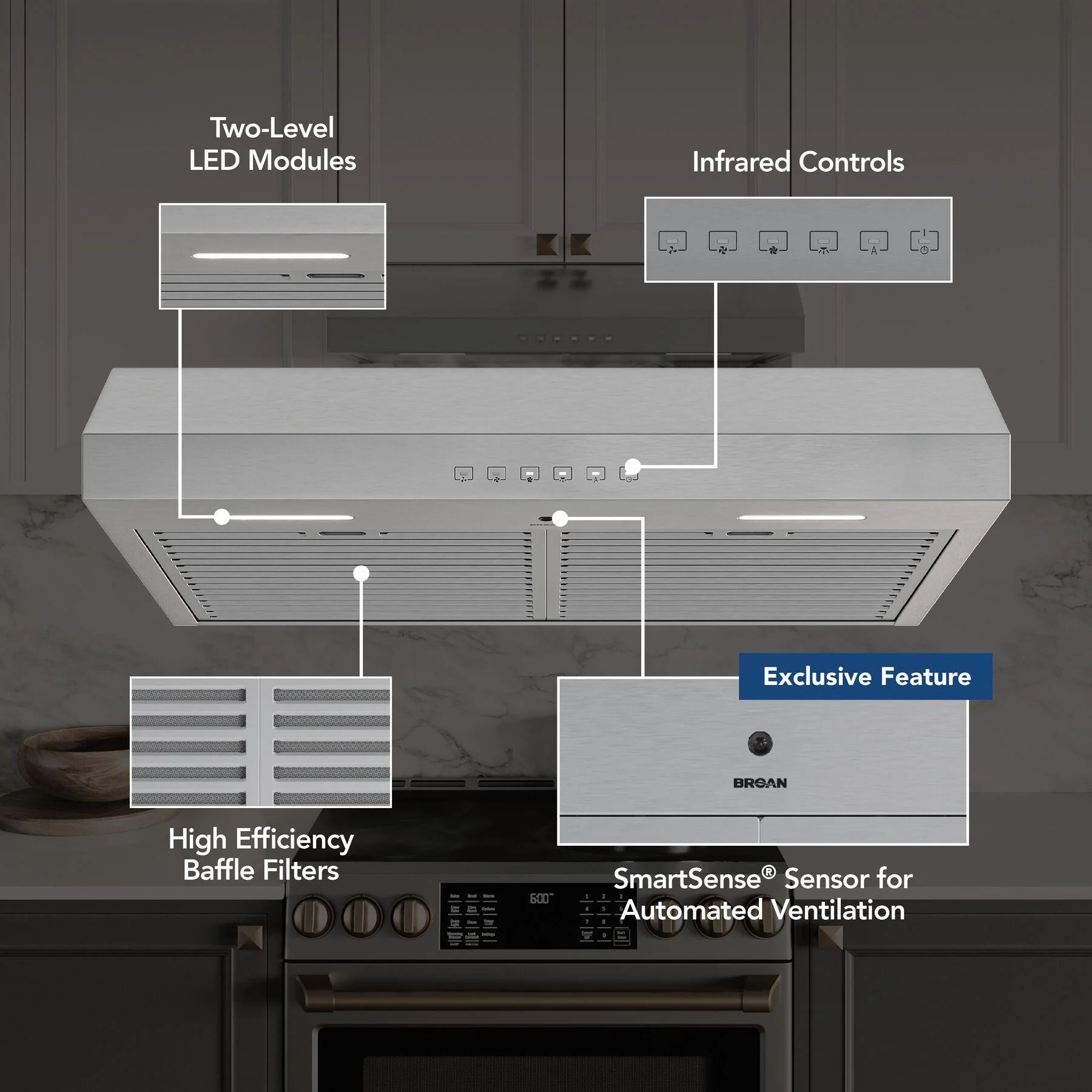 Broan GLA3304SS Glacier 30-Inch 490 MAX Blower CFM 1.1 Sones Stainless Range Hood - Image 2