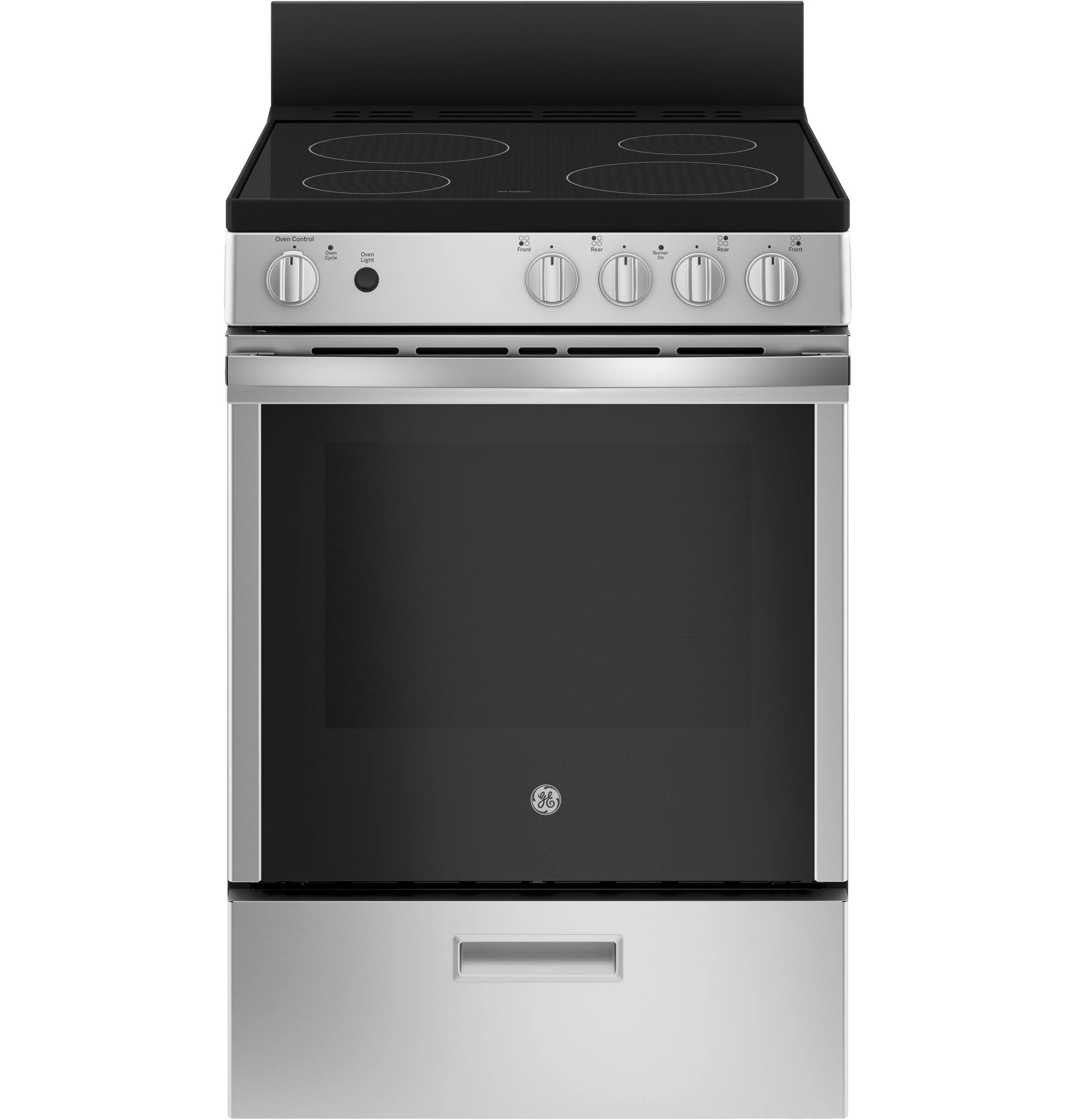 JAS640RMSS GE® ENERGY STAR® 24" Free-Standing/Slide-in Front Control Range with Steam Clean and Large Window